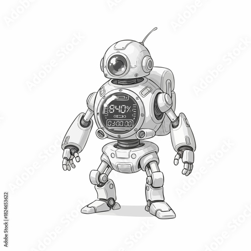 Detailed sketch of a small retro futuristic robot character.