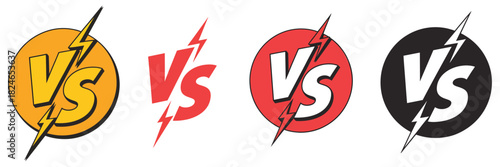 Versus letters logo icon for battle and fight games, featuring pop art style, yellow and red stamp effects, duel challenge symbols, and vector illustration