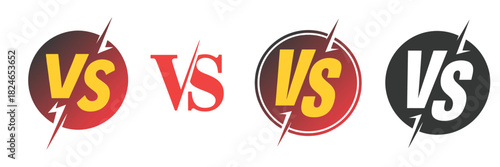 Versus letters logo icon for battle and fight games, featuring pop art style, yellow and red stamp effects, duel challenge symbols, and vector illustration