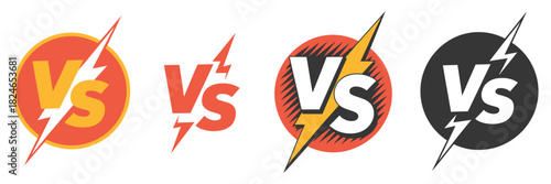 Versus letters logo icon for battle and fight games, featuring pop art style, yellow and red stamp effects, duel challenge symbols, and vector illustration