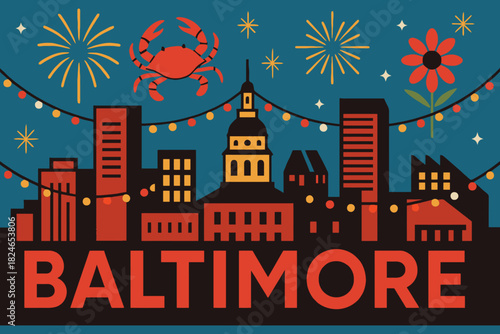 Festive baltimore skyline with fireworks and crab illustration