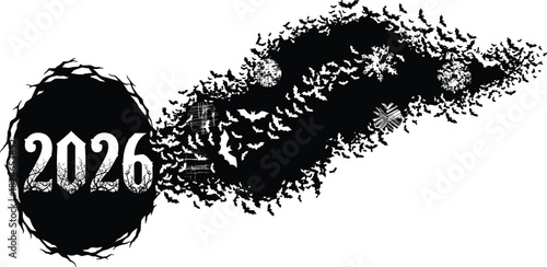 2026 Halloween silhouette, flying bat swarm from thorny nest, spooky gothic night, dark horror concept, new year grunge vector illustration