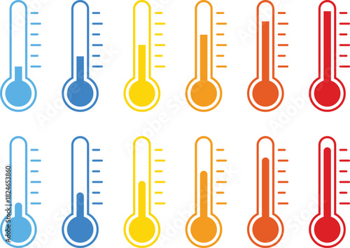 Thermometer Icon Set. Temperature Measurement Health Symbols. Climate Control and Sensor Data Interface. Temperature Gauge and Digital Degree Measurement Collection