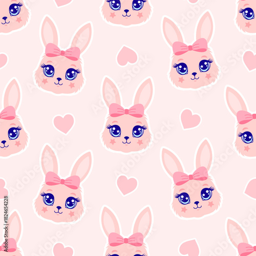 Seamless pattern with cute pink bunny faces  scattered with hearts on a light pink background.