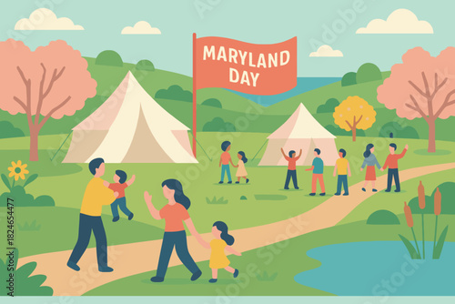 People celebrate maryland day with tents and flags in a park