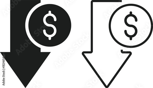 Dollar Decrease Icon Set. Financial Loss and Value Decline Symbols. Negative Metric and Value Depreciation. Down Arrow Money Symbol and Negative Financial Trend Collection