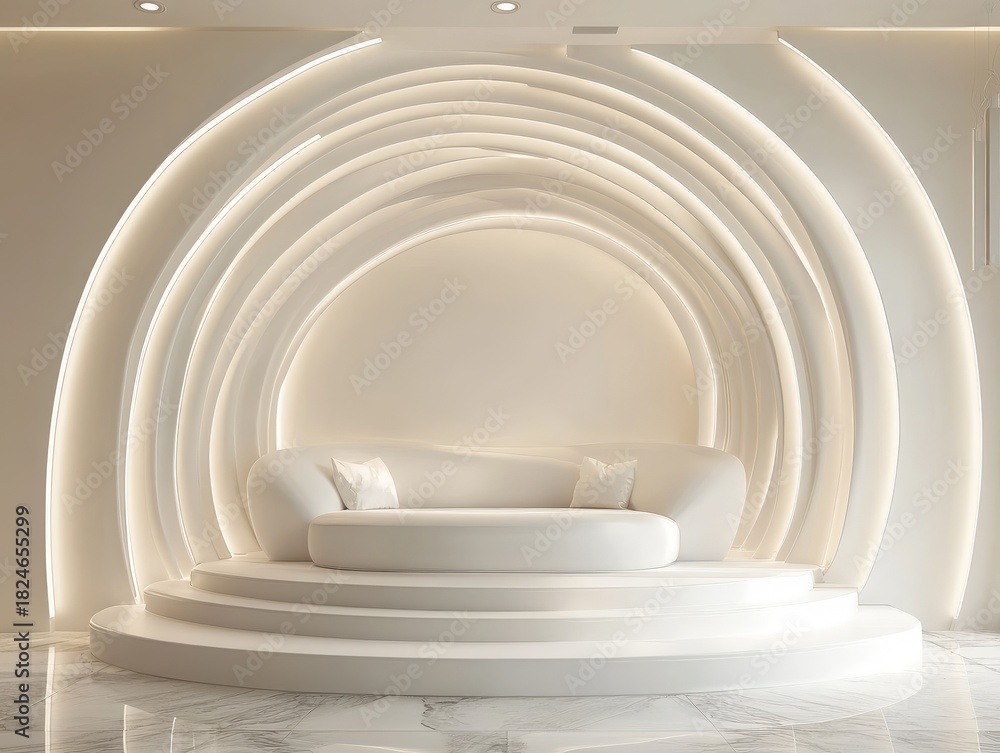 Fototapeta premium Elegant white stage with illuminated arches and tiered platform for presentations or events