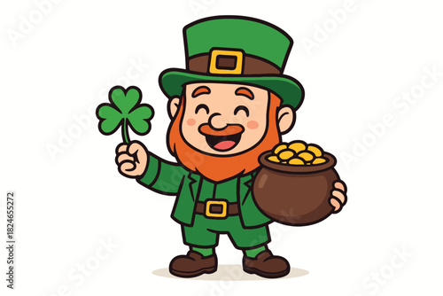 Happy cartoon leprechaun holding a shamrock and pot of gold