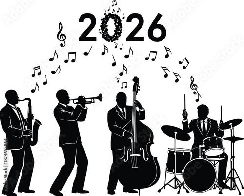 2026 New Year jazz band silhouette, musicians playing saxophone trumpet bass drums, musical notes background, concert performance, party celebration vector