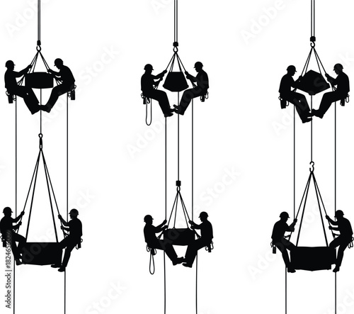 High angle rescue training, rope rescue operation, stretcher evacuation technique, emergency teamwork illustration, firefighter safety procedure, mountain rescue, flat vector