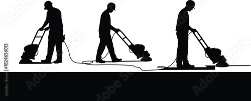 Floor polishing illustration, construction worker, cleaning machine, surface maintenance, safety helmet, industrial training, janitorial service, repair process, building renovation, workshop skills