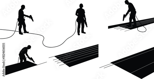 Jackhammer illustration, construction worker, power tool use, drilling process, surface breaking, safety helmet, roadwork repair, industrial training, manual labor, workshop skills