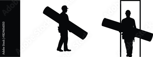 Material handling illustration, construction worker, carrying cylinder, doorway challenge, safety helmet, ergonomic training, load orientation, transport process, building renovation, training skills