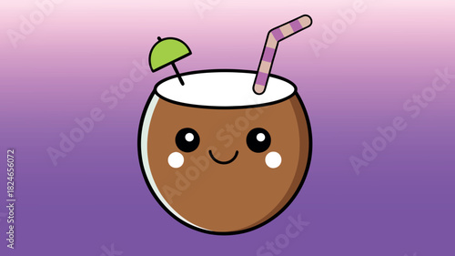Cute kawaii coconut drink with a happy face and umbrella