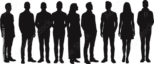 Silhouettes of diverse people in various outfits and postures, fashion and lifestyle concept, cad drawing flat vector illustration