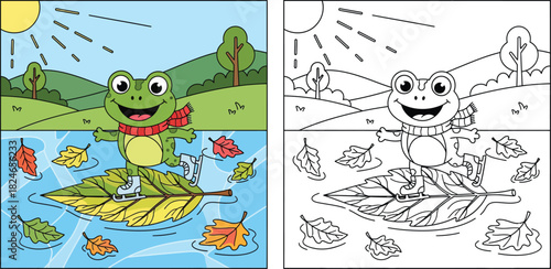 Coloring book page for kids with cute cartoon frog ice skating on a leaf. Educational worksheet vector illustration with colored sample and outline.