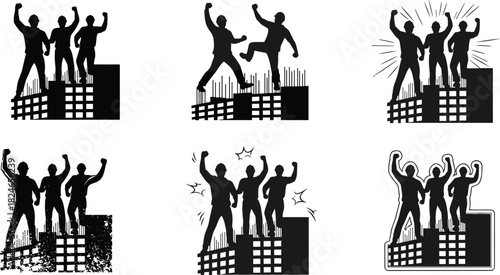 Construction building silhouette, three workers raising fists, unity illustration, black and white drawing, protest, solidarity, teamwork, architecture, victory, industrial site