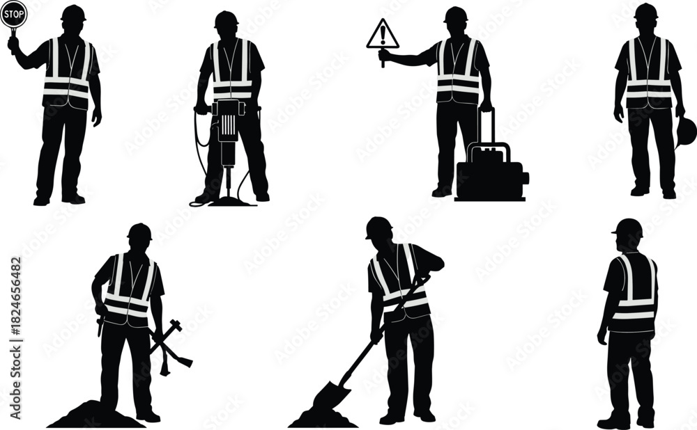 Obraz premium Construction worker silhouettes, roadwork safety illustration, traffic control, jackhammer operation, excavation teamwork, shoveling labor, industrial safety gear, construction site roles, flat vector