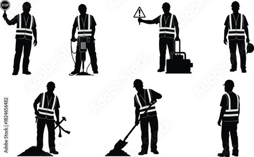 Construction worker silhouettes, roadwork safety illustration, traffic control, jackhammer operation, excavation teamwork, shoveling labor, industrial safety gear, construction site roles, flat vector