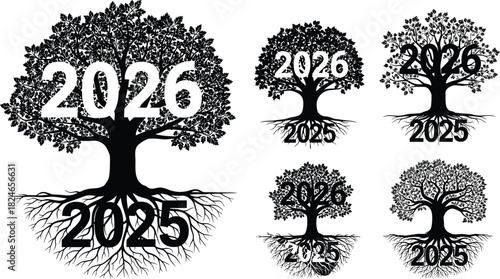 2026 New Year tree concept, roots 2025 transition, growth from past to future, nature silhouette set, vector illustration