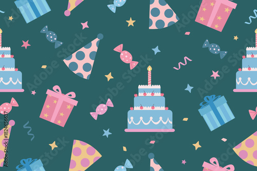 Festive vector illustration featuring a seamless pattern of birthday elements including cakes with candles, gift boxes, candy, and party hats on a dark background.