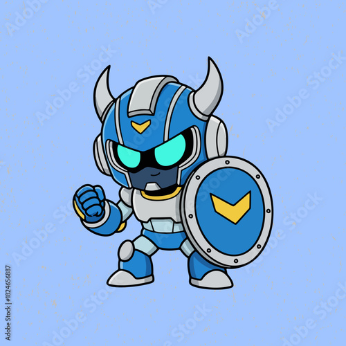Friendly yet fierce robot character preparing for action, illustrated in solid flat colors with a heroic battle-ready pose and bold outlines.