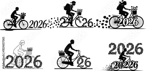 2026 New Year, bicycle riders, silhouettes, eco friendly transport, floral numbers, vector illustration collection, holiday concept