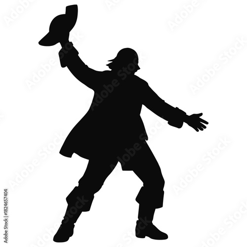 Celebrating pirate man silhouette holding hat dynamic costume vector graphic