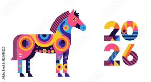 Vibrant geometric horse design for 2026 Lunar New Year celebrations, a modern and colorful animal illustration perfect for festive posters and cheerful greeting cards showcasing zodiac symbolism
