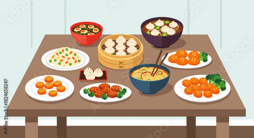 Delicious assortment of Chinese cuisine dishes featuring dumplings, noodles, egg soup, and sweet and sour pork creates an inviting and appetizing illustration for restaurant promotions