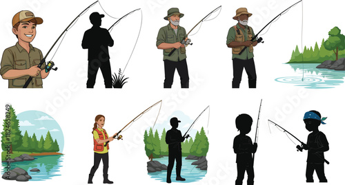 Collection of diverse cartoon characters fishing outdoors with rods, lakeside nature scenes, anglers, outdoor recreation, adventure and relaxing activity illustrations
