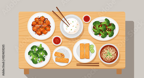 Delicious Chinese food spread on wooden table showcasing Genaral Tso's chicken, spring rolls, rice, noodle soup, stir fry vegetables and sauce, perfect for food blogs and restaurant promotions