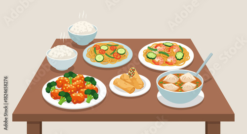 Delicious Asian feast of rice, noodles, spring rolls and soup ready for a delightful meal experience with vibrant colors and flavors for food lovers