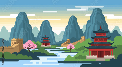Majestic Great Wall of China landscape with traditional pagodas, blooming cherry trees and flowing rivers, perfect for travel blogs and cultural documentaries, evoking peace and serenity