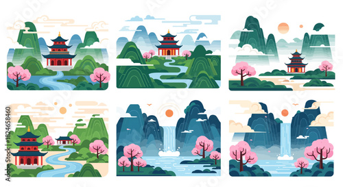 Serene Asian landscapes with traditional pagoda architecture and flowering trees create a peaceful, calming vibe for travel and cultural projects, promoting tranquility and harmony