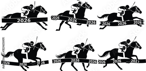 2026 Year of the Horse racing silhouette set, jockey riding stallion, derby competition banner, fast sport vector illustration