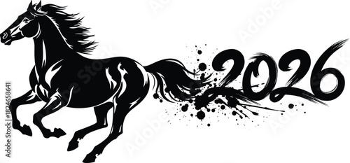 2026 Year of the Horse running silhouette, grunge ink splatter tail, dynamic galloping stallion, artistic black brush calligraphy vector