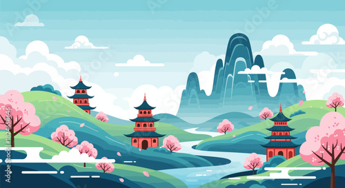 Discover serene oriental scenery featuring pagodas nestled amid cherry blossoms and majestic mountains, conveying peace and tranquility, perfect for travel inspiration and cultural themes