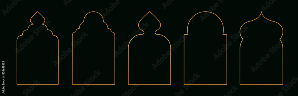 Obraz premium Arabic golden frames. Islamic geometric windows and doors, oriental mosque arch architecture, modern ramadan kareem shiny frame design, luxury oriental ornate borders. Vector set