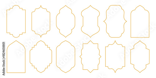 Gold arabic frames. Geometric islamic golden arch with traditional mosque door and window silhouettes, oriental ornate decoration, modern ramadan kareem borders. Vector set