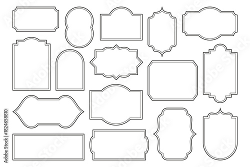 Simple monochrome frames. Antique arabic geometric border collection, elegant decorative shiny elements for greeting card invitation, luxury vintage linear design. Vector frame set