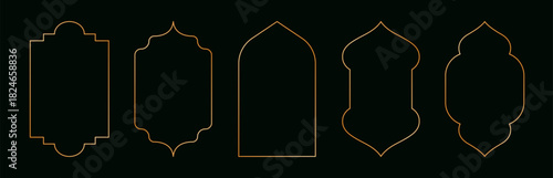 Arabic golden frames. Luxury islamic geometric windows and doors, oriental mosque architecture, modern ramadan kareem shiny frame design, retro oriental ornate borders. Vector set