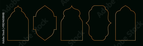 Arabic golden frames. Luxury islamic geometric windows and doors, oriental mosque arch architecture, modern ramadan kareem shiny frame design, oriental ornate borders. Vector set
