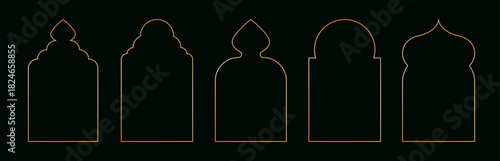 Arabic golden frames. Islamic geometric windows and doors, oriental mosque arch architecture, modern ramadan kareem shiny frame design, luxury oriental ornate borders. Vector set