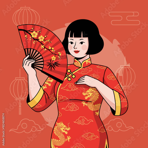 Elegant woman in traditional Chinese dress with a decorative fan celebrating Lunar New Year, perfect for cultural events, festive designs, and Asian-inspired promotional materials