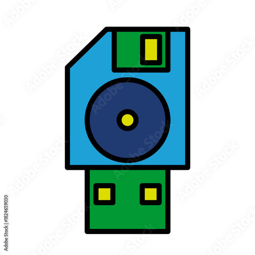 Storage Disket USB Disk Blue Base Color Hard disk HDD SSD Memory Cloud Link Computer Icon Logo Floppy Line Art

