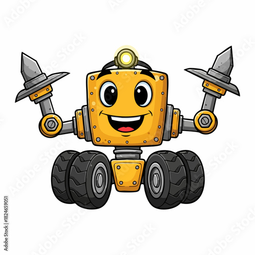 Cheerful yellow cartoon robot character with four wheels and a headlamp.