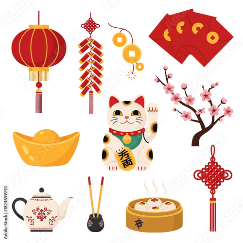 Celebrate prosperity with this vibrant Chinese New Year collection, featuring lucky cats, dim sum, lanterns, and festive decorations to bring good fortune and joy