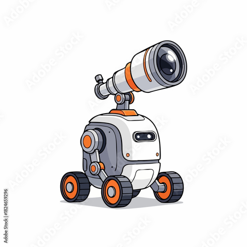 Futuristic wheeled robot character with a large telescope head.