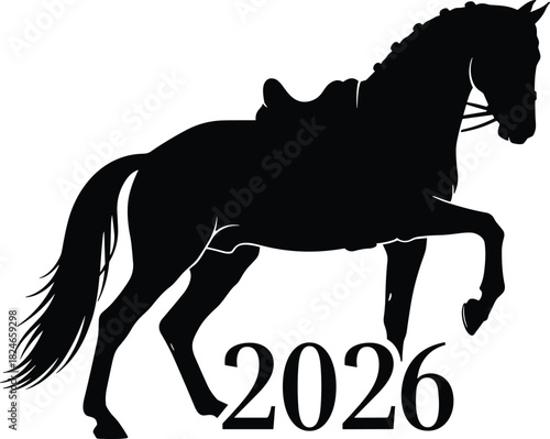 2026 Year of the Horse, dressage horse silhouette with saddle, equestrian new year concept, black vector illustration, trotting animal design